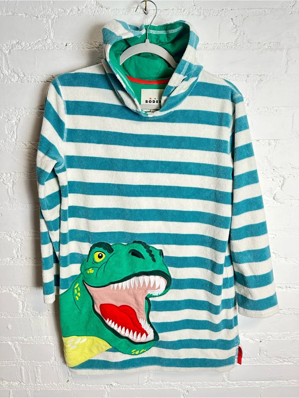 Boden Mini Striped Dinosaur Appliqué Hooded Terry Towel Pullover 11-12y